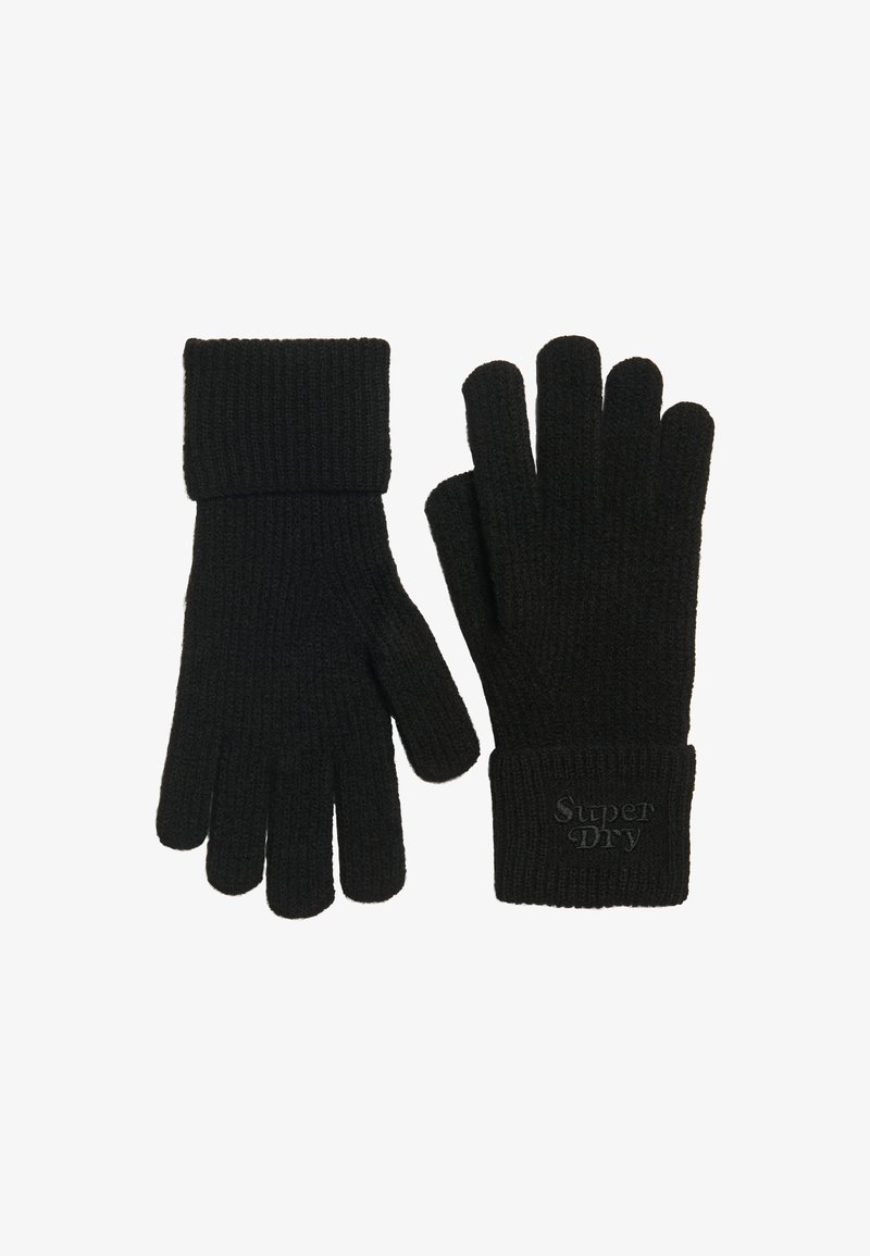 Guantes de punto acanalado negros con puño. Presentan un sutil logotipo en la zona del puño. Textura suave, diseñados para ofrecer calidez y comodidad.
