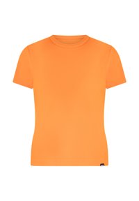 Camiseta naranja de manga corta hecha de tela suave. Presenta un cuello redondo y una pequeña etiqueta en la parte inferior izquierda.