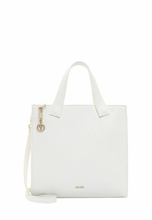Borsa tote bianca in pelle con una finitura testurizzata, dotata di due manici corti, di una tracolla rimovibile e di un accenti in oro.