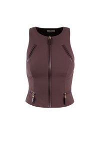 Gilet senza maniche bordeaux realizzato in tessuto morbido; presenta una zip dorata, due tasche laterali con zip e una vestibilità strutturata.