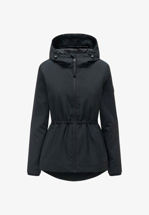 Black hooded jacket with front zipper, adjustable waist drawstring, side pockets, and elastic cuffs.