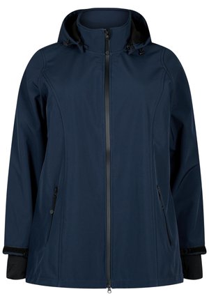 Navy jacket with a zip front, removable hood, and two side pockets. Features a smooth texture and black accents at the cuffs and collar.