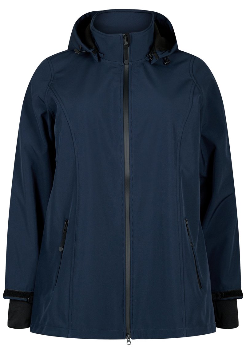 Chaqueta navy con cremallera frontal, capucha desmontable y dos bolsillos laterales. Presenta una textura suave y detalles en negro en los puños y el collar.