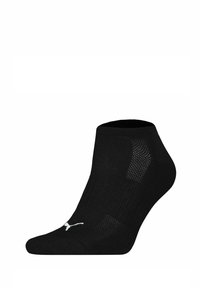 Zwarte enkelkous gemaakt van textuurstof met een gaasgedeelte voor ademend vermogen. Heeft een wit logo op de teen.