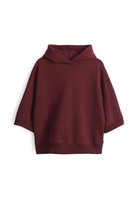 Sweat à capuche bordeaux manches courtes avec poignets et ourlet côtelés, coupe ample et tissu uni lisse.