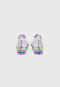 White football boots with a high-top design; features purple, blue, and green accents on the sole; textured surface; ULTRA branding.
