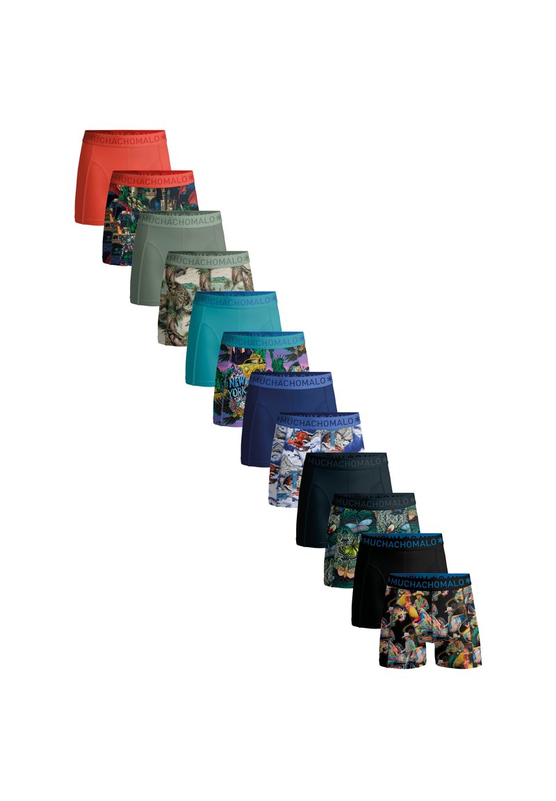 Men's boxer shorts in various colors and patterns. Materials feature elastic waistbands and soft fabric. Designs range from solid colors to prints.