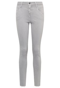 Jeans skinny grigi in denim, con zip frontale, cinque tasche e leggeri strappi all'orlo. Texture liscia con una silhouette aderente.