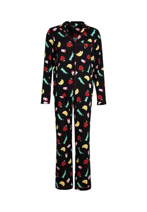 Pigiami neri realizzati in morbido tessuto, con un motivo colorato di simboli iconici di New York, tra cui taxi e la Statua della Libertà.