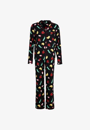 Pigiami neri realizzati in morbido tessuto, con un motivo colorato di simboli iconici di New York, tra cui taxi e la Statua della Libertà.