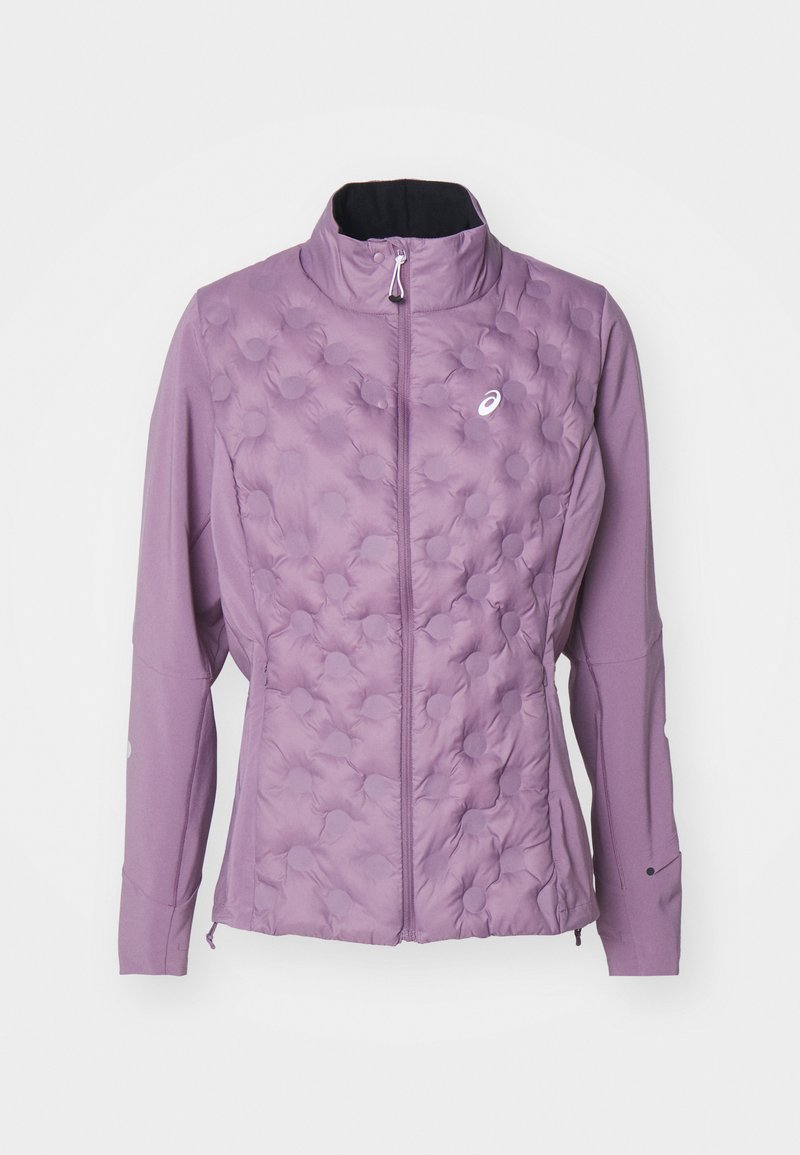 Helllila Jacke mit gestepptem Vorderteil und erhabenen Punktmustern, hohem Kragen und Reißverschluss. Hergestellt aus weichem, dehnbarem Material.