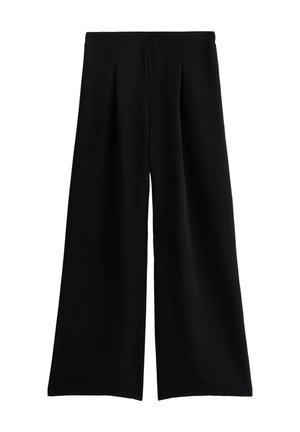 Pantaloni neri a gamba larga con frontale plissettato, realizzati in tessuto texturizzato. Presentano una vita elastica per il comfort e una vestibilità ampia.