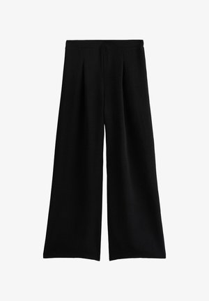 Svarta vida byxor med veckad framdel, tillverkade av textil med struktur. Har en elastisk midja för komfort och en lös passform.