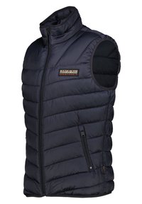 Marineblauwe gewatteerde vest met een hoge kraag, voorzien van een ritssluiting aan de voorkant en een zak aan de zijkant, gemaakt van lichtgewicht, gevoerd materiaal. Merkend op de borst.