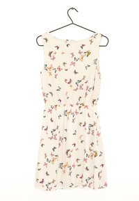 Vestido sin mangas con estampado floral en beige, que presenta mariposas multicolores. Confeccionado en tejido ligero con una cintura ceñida.