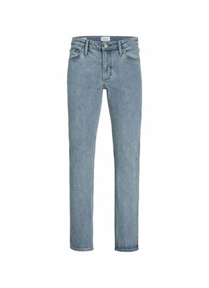Jeans in denim azzurro chiaro con taglio dritto, dotati di cinque tasche, cuciture sottili e chiusura a bottoni classica in vita.