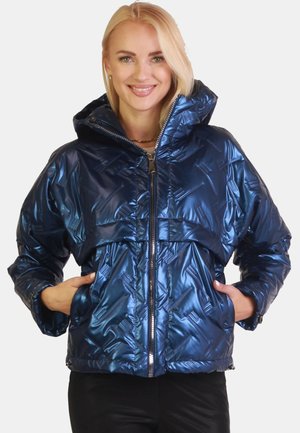 Blue metallic puffer jacket with a hood, featuring a textured pattern, front zipper, and side pockets. Soft, quilted material.