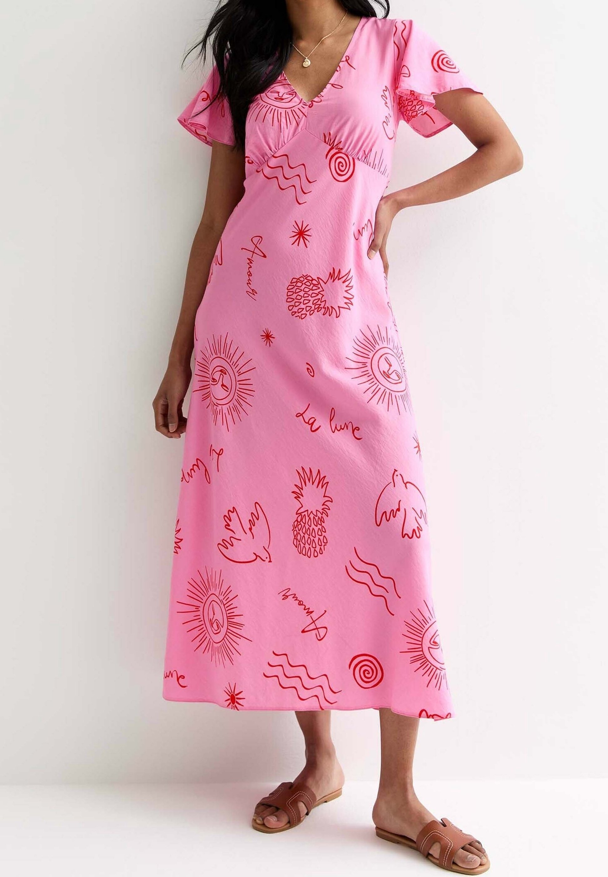 new look pink midi dress Elise | Light PINK Plunge-Neck Midi Dress With Drop-Waist