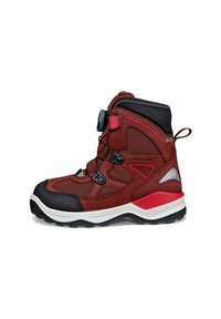 Scarponi da trekking impermeabili con tomaia in tessuto bordeaux, dettagli neri e suola bianca. Include un sistema di allacciatura per una vestibilità sicura.