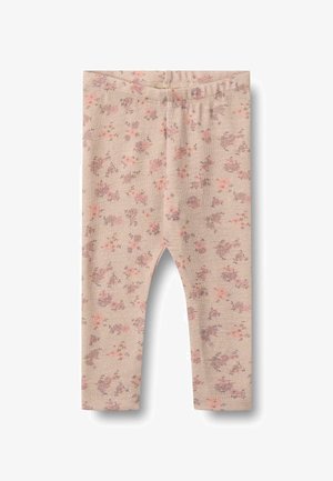Leggings floreali in un morbido tessuto beige con un delicato motivo di fiori rosa e viola, dotati di una vita elasticizzata e di una vestibilità confortevole.