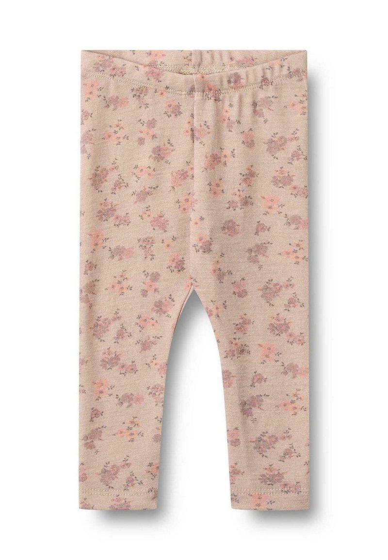 Legginsy w kwiaty w miękkim, beżowym materiale z delikatnym wzorem różowych i fioletowych kwiatów, z elastycznym paskiem w talii i wygodnym krojem.