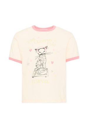 Camicia a maniche corte color crema con bordatura rosa, con illustrazione di un gatto DJ e testo che recita "The Electro Kids Festival."