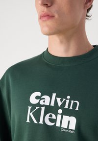 Felpa verde con collo a costine, caratterizzata da un grande logo in bianco "Calvin Klein" sul petto. Texture del tessuto morbida.