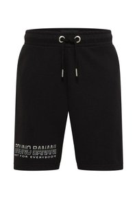 Zwarte katoenen shorts met een elastische tailleband, koord en zilveren oogjes. Voorzien van witte tekst: "BRUNO BANANI NIET VOOR IEDEREEN."