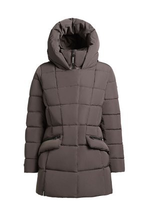 Abrigo de invierno acolchado marrón con gran capucha, cremallera frontal y dos bolsillos con cremallera a los lados.