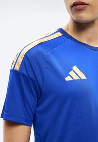 Άνδρας που φορά μπλε αθλητική μπλούζα με χρυσές ρίγες στους ώμους και χρυσό τριγωνικό λογότυπο στο στήθος.