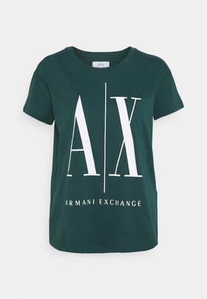 T-shirt à manches courtes vert foncé avec un grand logo blanc "A|X" et un texte plus petit "Armani Exchange" en dessous, sur le devant.