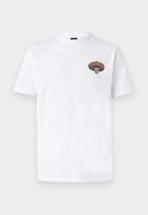 White cotton t-shirt with short sleeves, featuring a colorful embroidered skull and sombrero design on the left chest.