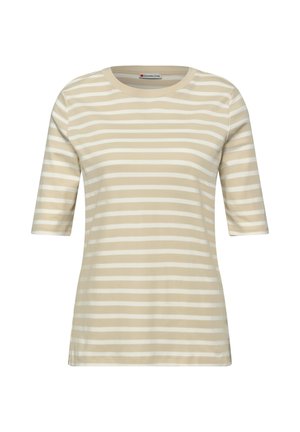 T-shirt à manches courtes à rayures horizontales beiges et blanches avec un col rond, en tissu doux.