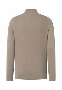 Beige stickad tröja med långa ärmar och texturerad frampanel, ribbad mock neck, muddar och nederkant, visad från baksidan.