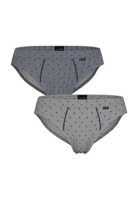Mutande da uomo grigie con un piccolo motivo geometrico verde. Presentano un elastico in vita e una vestibilità aderente. Tessuto morbido e traspirante.