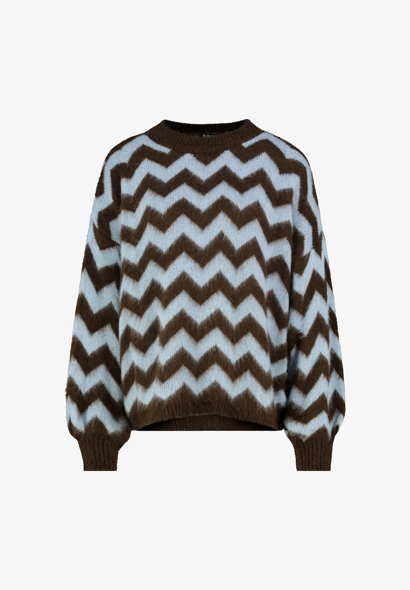 Braun und hellblauer Pullover mit Zickzackmuster, Rundhalsausschnitt, aus einem weichen, strukturierten Material, mit übergroßen Ärmeln.