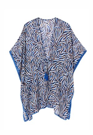 Schlanker, weiter Kaftan mit blauen, schwarzen und weißen Zebrastripes, blaue Quastenbindeband vorne und blauer Bommelverzierung an den Kanten.