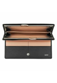 Portafoglio in pelle nera con interni color beige chiaro, dotato di più scomparti per carte e compartimenti, hardware argentato e chiusura a scatto.