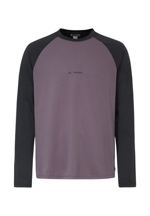 Maillot de sport à manches longues avec manches noires et corps violet, arborant un petit logo Vaude centré sur la poitrine.