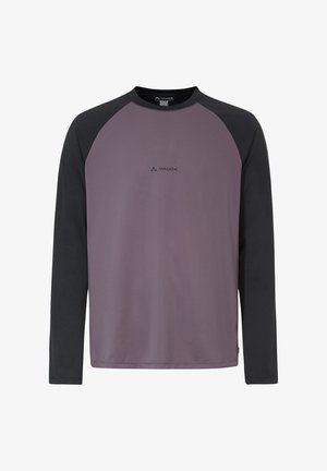 Maillot de sport à manches longues avec manches noires et corps violet, arborant un petit logo Vaude centré sur la poitrine.