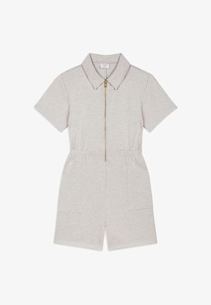 Svetle šedý overal s krátkým rukávem, zipovým zapínáním vpředu, límečkem, elastickým pasem a dvěma předními kapsami. Měkká, hladká textilie.