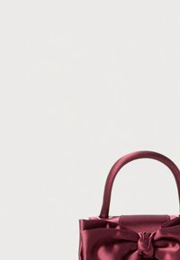 Borsa in raso di un profondo colore bordeaux con dettaglio a fiocco annodato, dotata di due manici arrotondati e forma strutturata. Texture liscia.