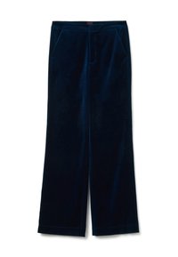 Marineblaue Samt-Hosen mit weitem Bein und glatter Textur, ausgestattet mit zwei seitlichen Taschen und einem schlichten Bund. Keine sichtbaren Verschlüsse oder Verzierungen.