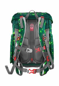 Grüner und grauer Rucksack mit geometrischem Muster, ausgestattet mit verstellbaren Gurten, roter Beschlägen und gepolstertem Rückenbereich für Komfort.