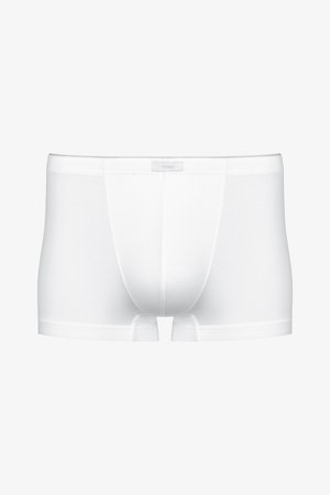 White boxer briefs made of soft cotton fabric. Features a plain design, elastic waistband, and a fitted shape with no patterns.