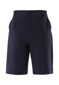 Marineblaue Shorts aus einem strukturierten Stoff, mit flachem Frontdesign, elastischem Bund und einem einzigen Knopfverschluss.