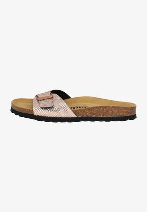 Kork fodsenge slide sandal med et struktureret roseguld rem, sort sål og en dekorativ spænde. Glat overflade med en naturlig finish.