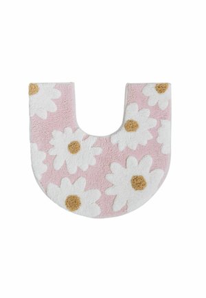 Rosa U-förmiger Badezimmerteppich mit weißen Gänseblümchen und braunen Zentren, konzipiert, um um die Basis der Toilette zu passen.