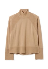 Beige Rollkragenpullover aus weichem Strickstoff. Mit gerippten Akzenten am Kragen und Saum, entspannter Passform und überschnittenen Schultern.