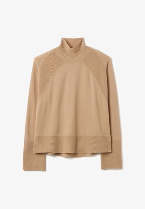 Beige coltrui gemaakt van zachte brei-stof. Heeft geribbelde accenten bij de halslijn en zoom, met een relaxed fit en verlaagde schouders.